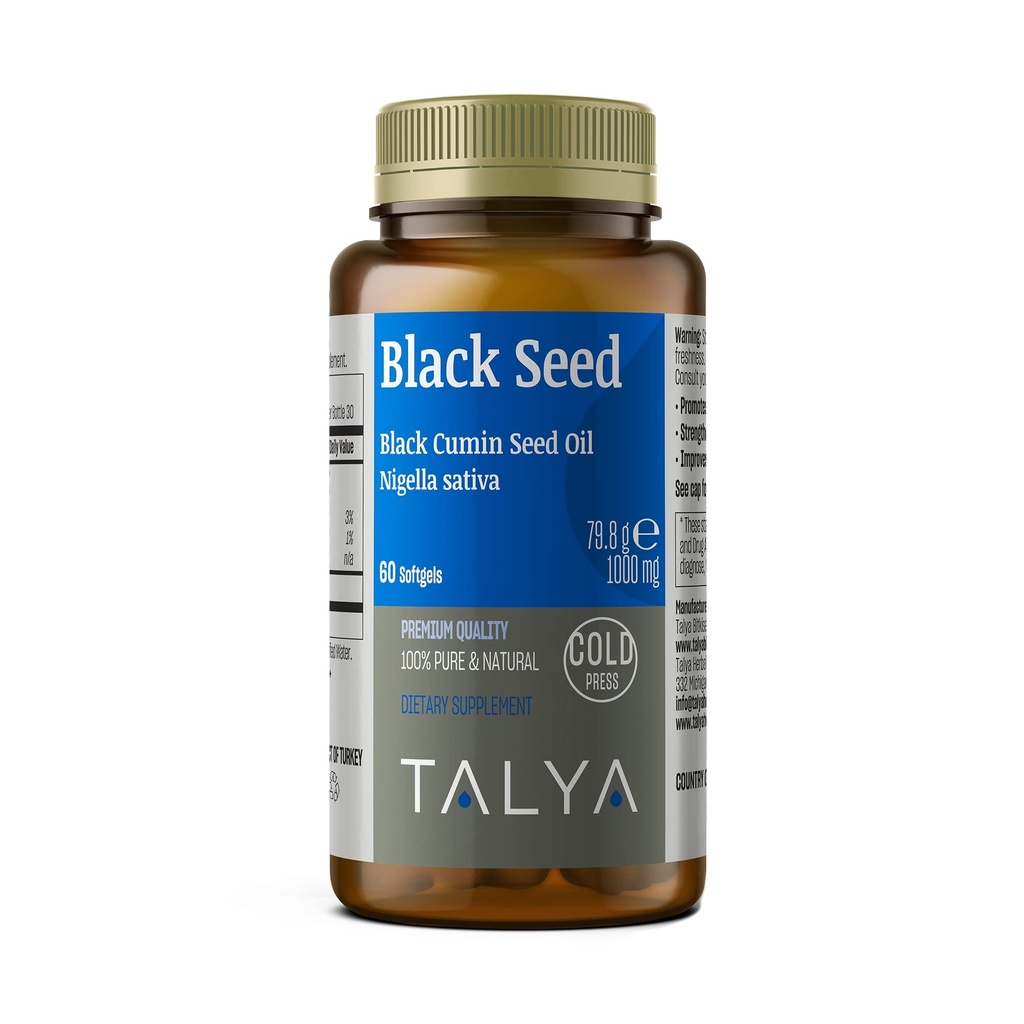 TALYA Black Seed Oil Softgel with High Thymoquinone - Immune Support - Digestive Health - Brain Function - Joint Mobility - Cold-Pressed from Non-GMO Turkish Black Cumin Nigella Sativa Seeds