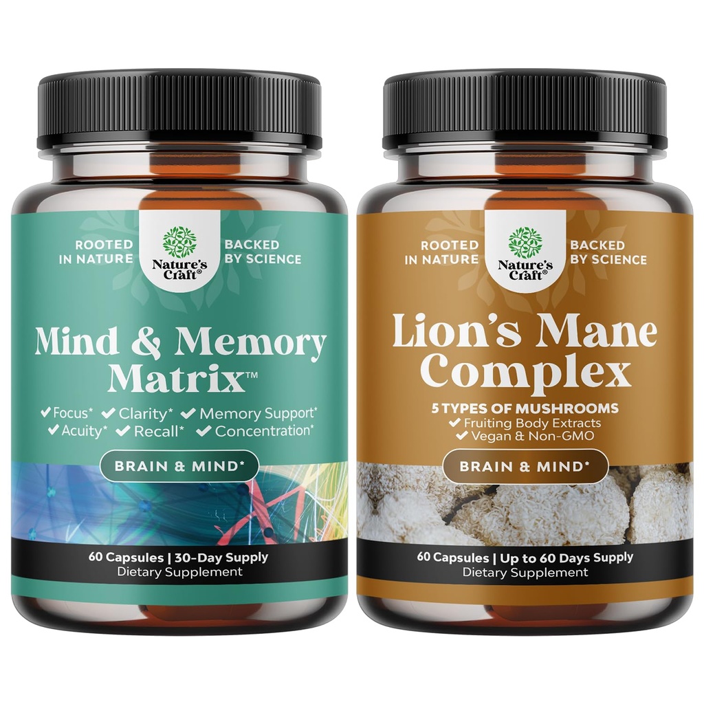 Ensemble de complément de soutien au cerveau Nootropics avancé avec des vitamines de la mémoire et du focus et supplément de champignons de la Mane du Lion avancé avec Reishi, Chaga, Maitake & Shiitake pour le soutien et le focus de la mémoire
