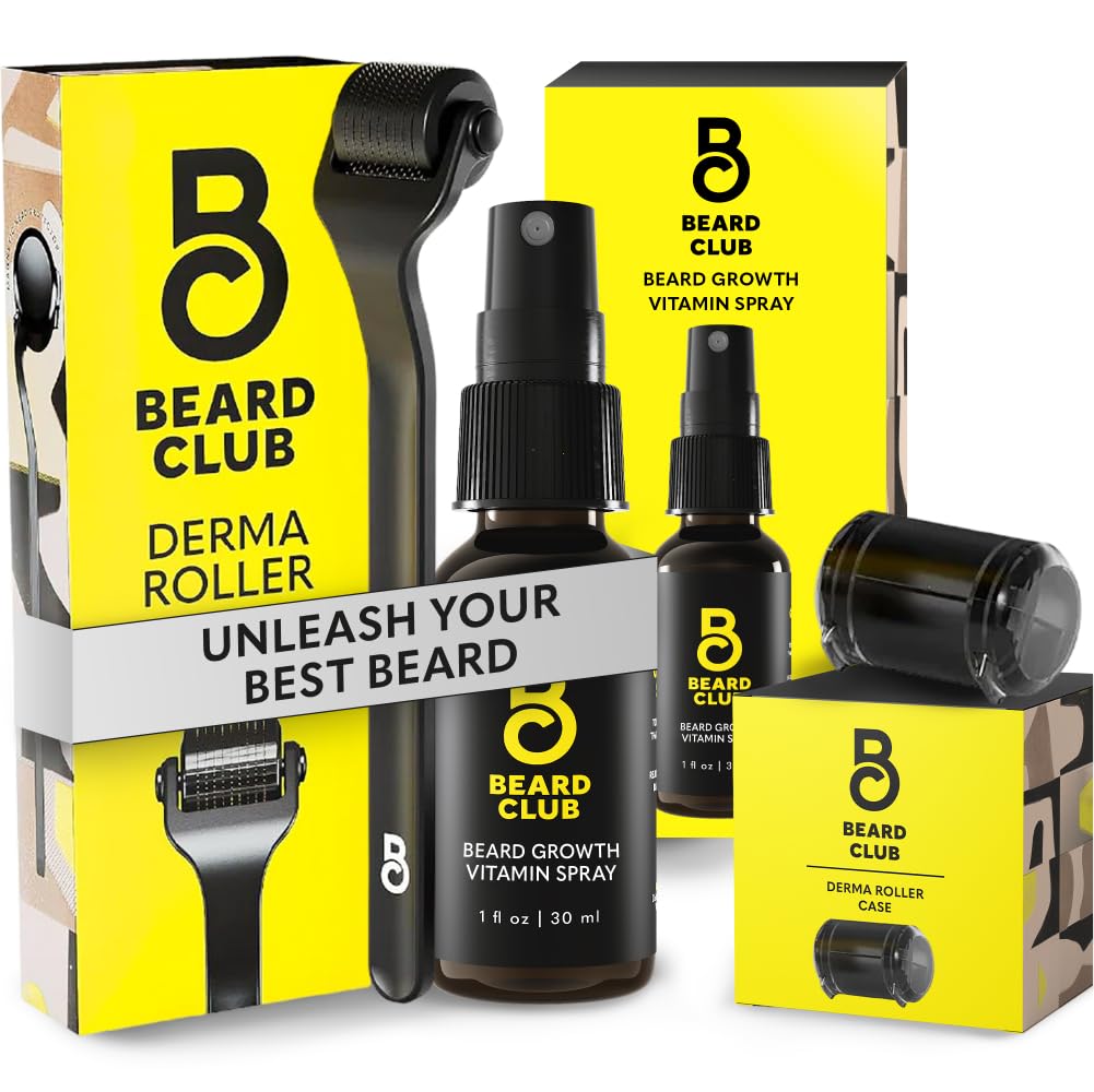Beard Club Premium Derma Roller & Biotin Baard Groei Vitamine Spray - Microneedle Roller voor mannen en vrouwen met 540 Titanium Microneedles - Baardroller & baardolie voor gezicht, lichaam en scalp