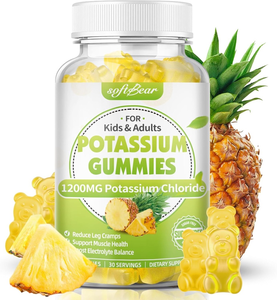 softbear Kaliumchloride Gummies 1200mg, Sugar-Free Kalium Gummies voor volwassenen Ondersteuning Been Krampen Hoge Potentie Kaliumchloride Supplement, Ananas smaak 60 Tellen