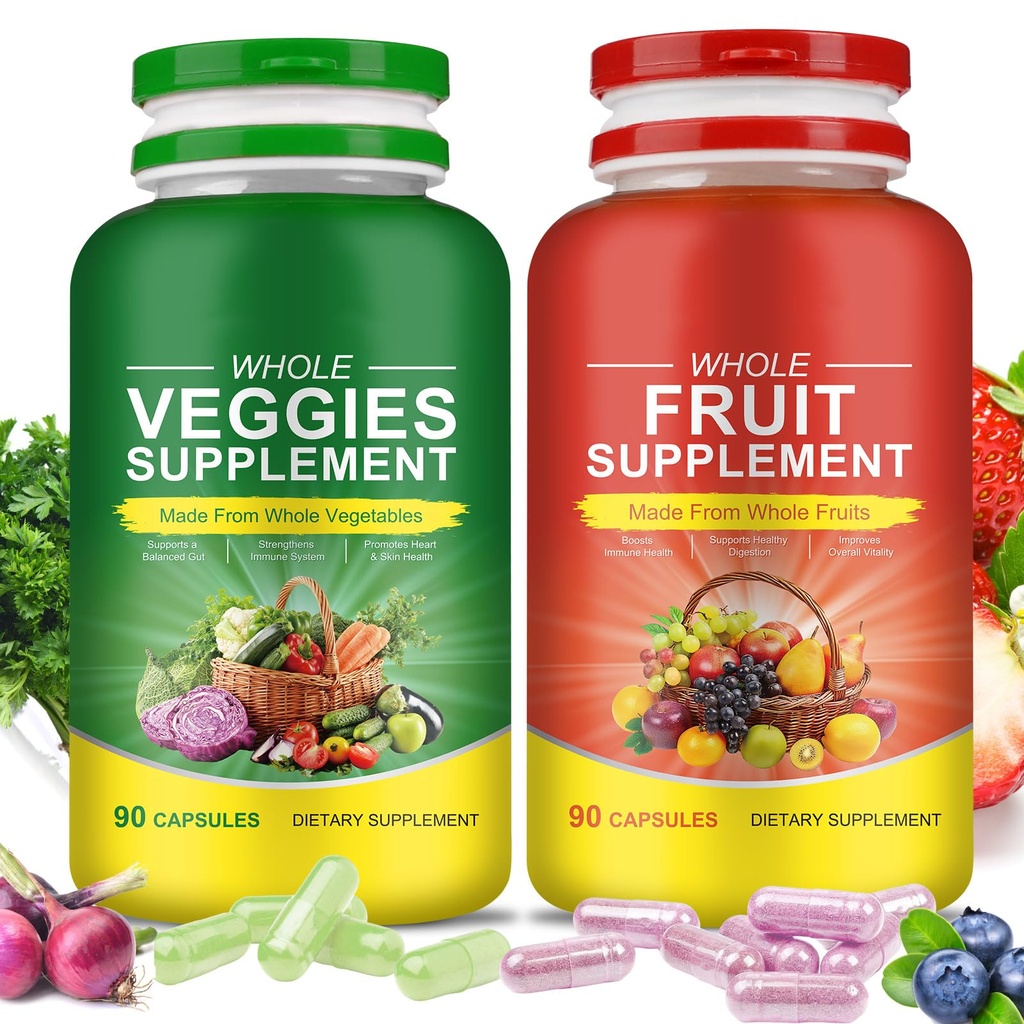 Fruit en groenten Supplementen - 2 flessen 180 Totaal Vegetarische Capsules 