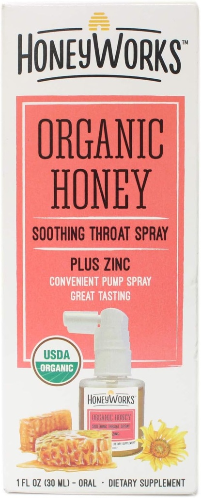 HoneyWorks Adult Throat Spray for Sore Throat Relief, 1 Oz, kalmerende non-GMO USDA Organic Dark Honey + Zink, Fast-Acting Relief, Ages 12 Years+