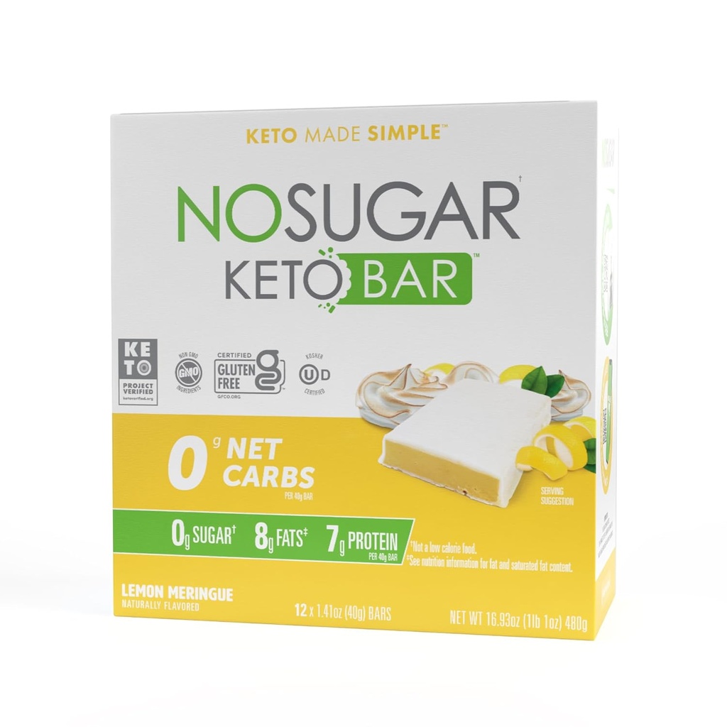 Geen suiker Keto Bar Snacks - Citroen Meringue smaak - Low Carb Geen suiker Keto Snack Food Bar met Keto Vriendelijke Macro's, 0g Net carb, 7g Plant Based Proteïne, 8g Gezond vet, Suikervrij (0g) - 12 Bars