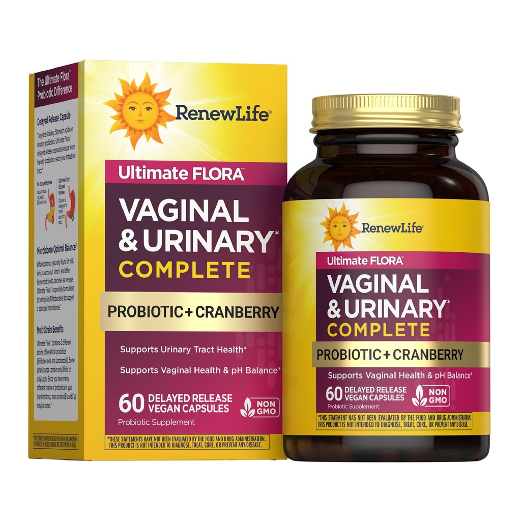Renew Life Women's Wellness Vaginale en Urinaire Probiotische en Cranberry Supplement, Probiotische supplement voor pH-balans voor vrouwen, spijsverteringsgezondheid, zuivel, soja en glutenvrije, 3,5 miljard CFU 60 Ct