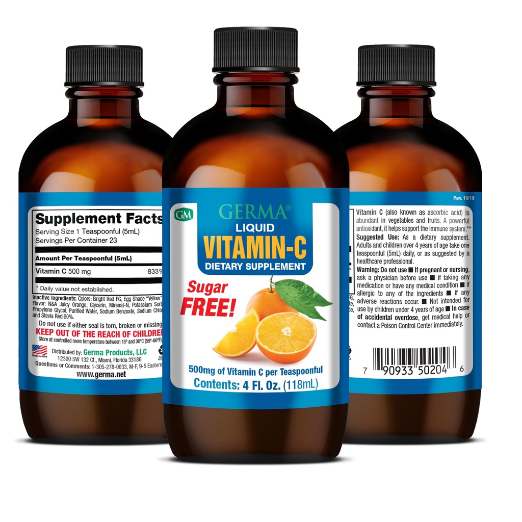 Germa Sans sucre Vitamine liquide C. 500 mg. Absorption rapide Supplément alimentaire. Système immunitaire Booster. 4 oz / 118ml