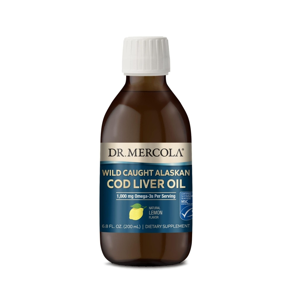 Dr Mercola Wild Caught Alaskan Cod Liver Oil, 6,8 Fl. Oz. (200 mL), 40 portions, 1 000 mg Oméga-3s par portion, supplément alimentaire, soutient le cerveau et la fonction cognitive, non-OGM, certifié par le SMC