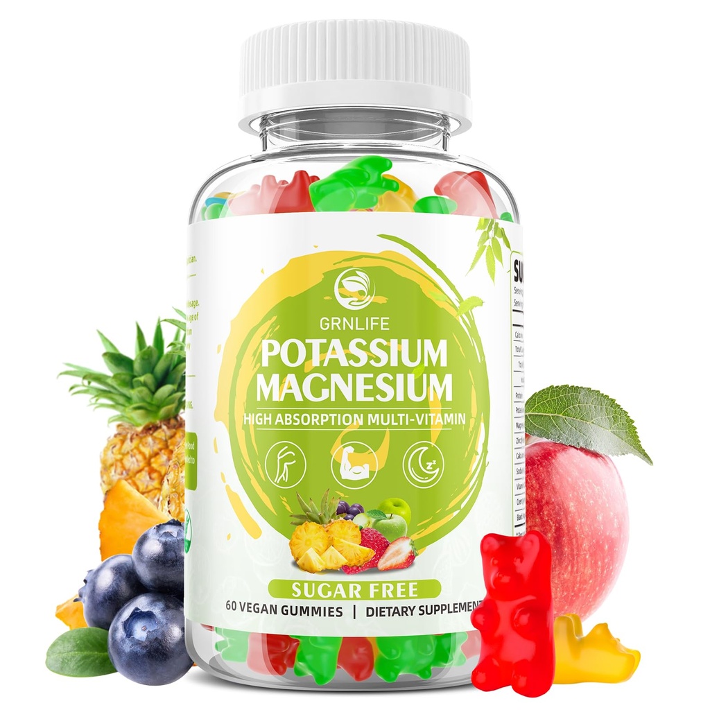 Kalium Magnesium Supplement Gummies, Kalium Gummies voor Volwassenen Kids, Hoge Absorptie Magnesium Glycinate voor Leg Cramps & Immune Health, Sugar-Free, Vegan gemengde smaken, 60 Tellen
