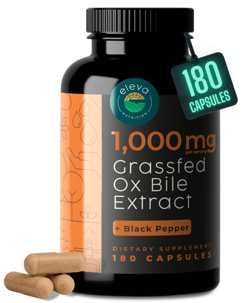 Gras-Fed Ox Bile Extract 1000mg Bile Salts Supplementen met zwarte peper. Ondersteunt Digestieve Gezondheid - 180 Tellen