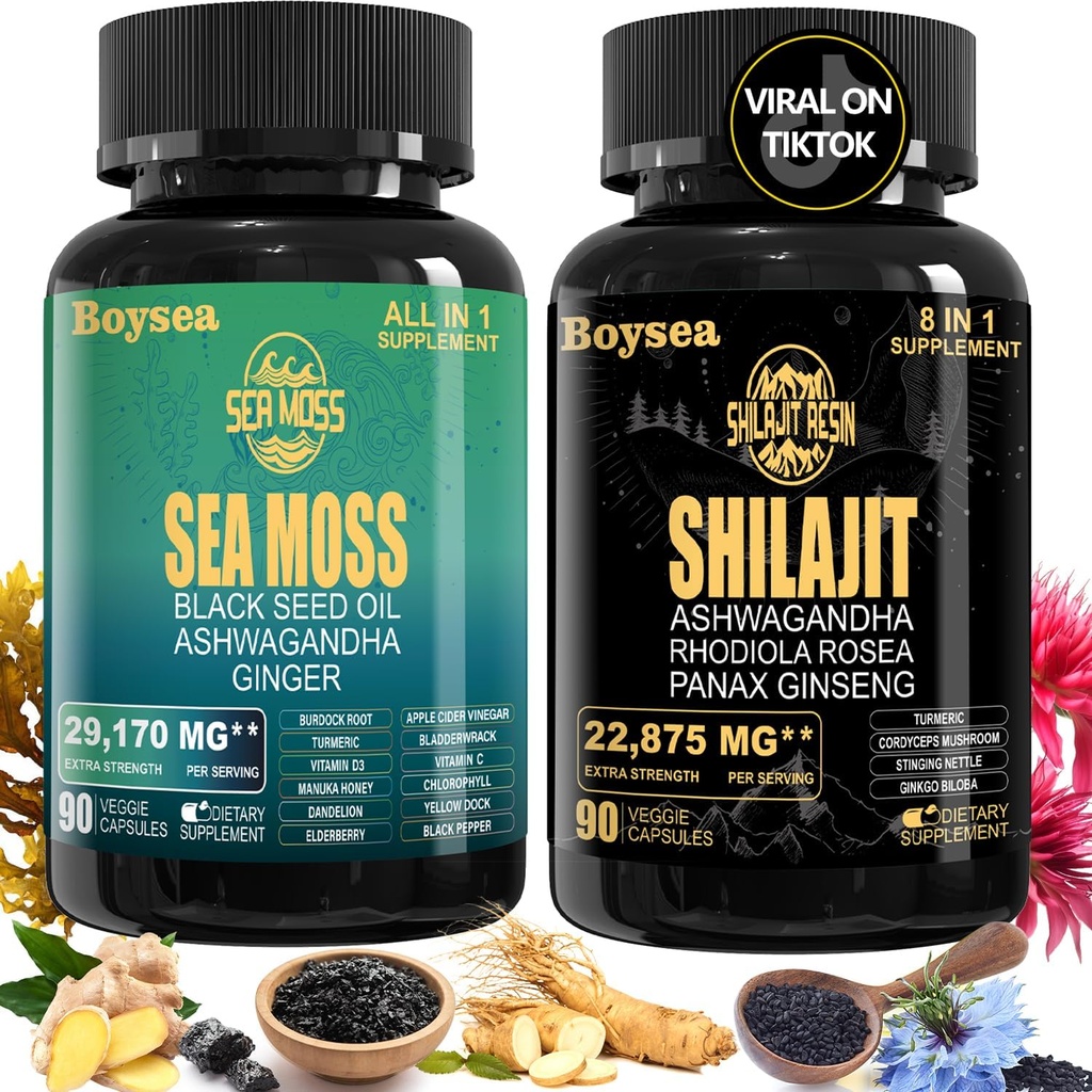 Boysea. Shilajit and Sea Moss Bundle - Sea Moss (7000mg), Ashwagandha (2000mg), Black Seed Oil (4000mg), Ginger & Shilajit (9000mg), Rhodiola Rosea (1000mg) 