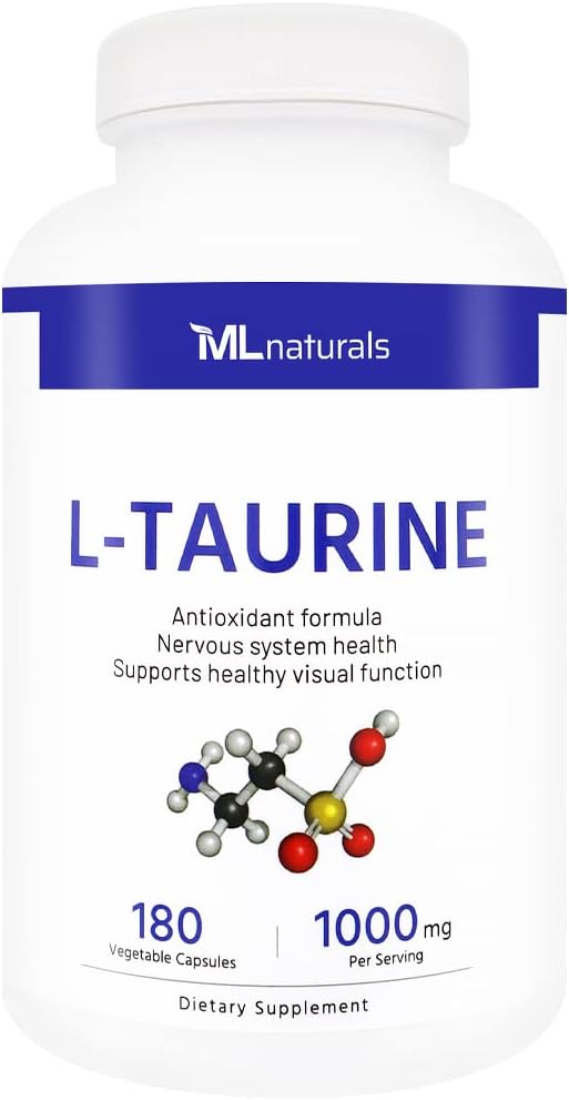 ML Naturals L-Taurine 1000 mg 180 Plantaardige Capsules. 99,9% Zuiverheid L-Taurine. Zenuwstelselgezondheid en antioxidantondersteuning, NSF-gecertificeerd en cGMP-compliant.