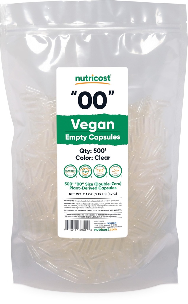 Nutricost Lege Capsules Maat 00 Vegan - 500 Heldere Lege Plant-Based Capsules - Kosher Gecertificeerd, Halal Gecertificeerd, Niet GGM, Sojavrij, Glutenvrij, Vegetarisch