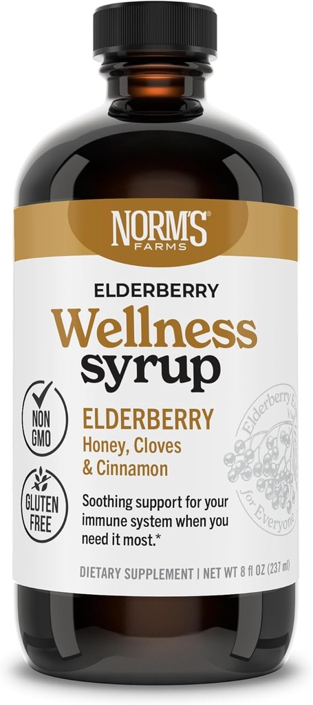 Norm's Farms Wellness Black Elderberry Sirop with Honey, Cannelle & Cloves - Fabriqué aux États-Unis, Natural Immmune Support, Pas d'alcool ou de remplissage, Sans gluten, Non-OGM, Vegan, Syrup de Jus de Elderberry pur - 8 Oz