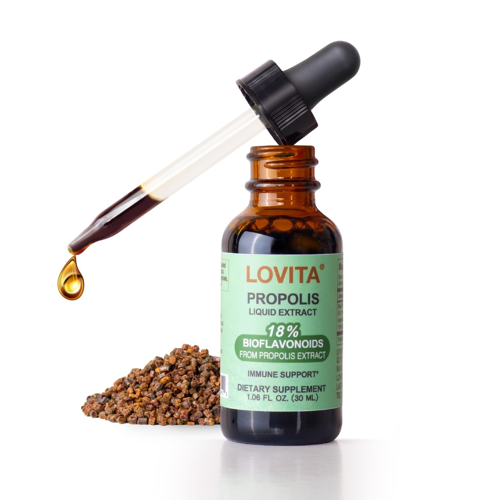 Lovita Bee Propolis Liquid Extract 500mg, 5:1 Harsdruppels met 18% Bioflavonoïden, Alcoholvrije Antioxidant, Immune Support & Throat Soothing, Glutenvrije, Non-GMO, 1 Fl Oz (30 ml), 30 dagen levering