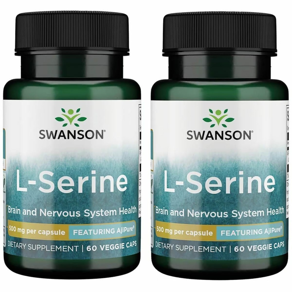 Swanson Ajipure L-Serine - Supplément acide amino appuyant la santé cérébrale et la fonction du système nerveux - Formule naturelle favorisant la fonction cognitive - (60 capsules de Veggie, 500 mg chacune) (2 paquets)