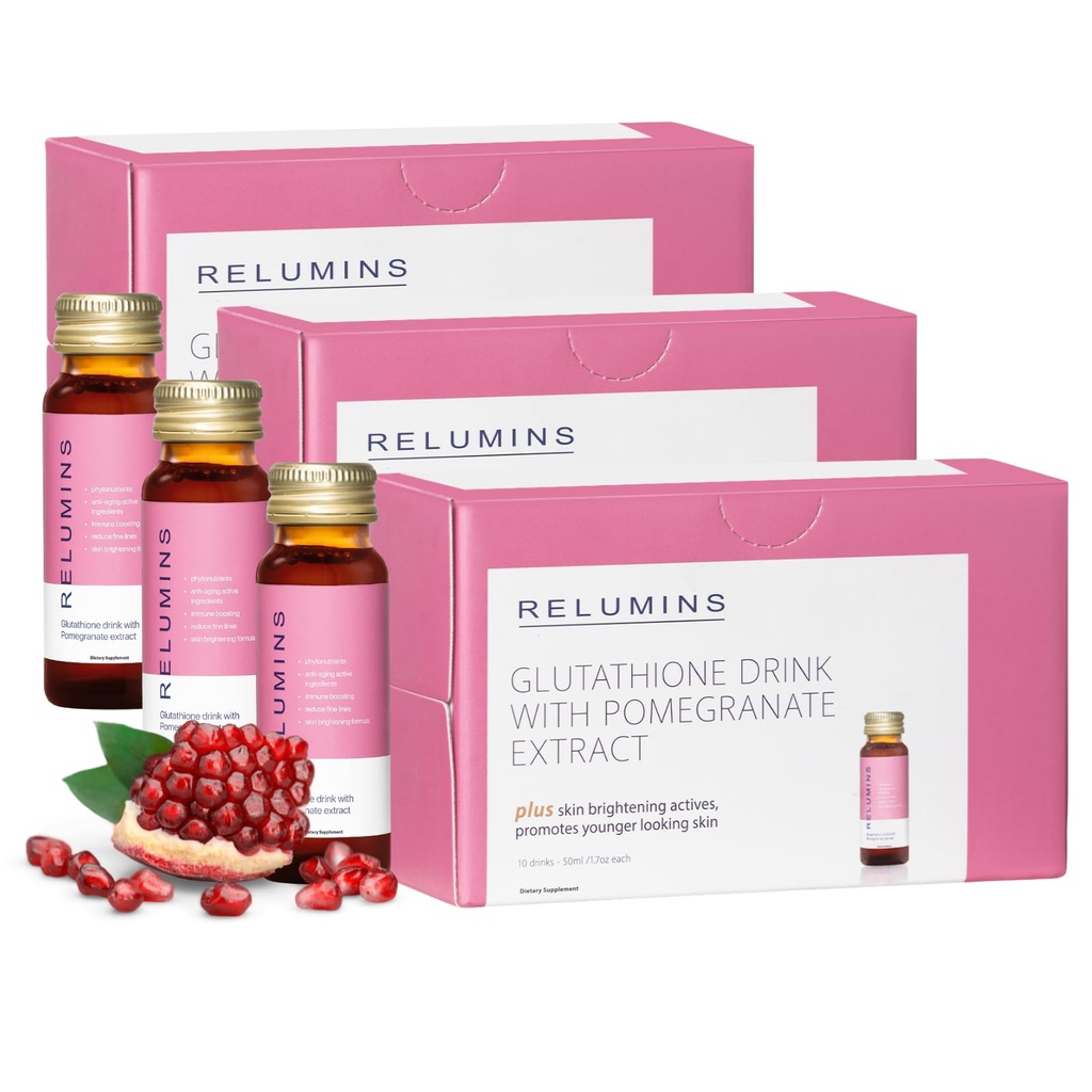 Relumines Glutathion Hydration Shots - Post-Summer Huidherstel & Collageen-Boosting & Made in USA - Granaatappelsmaak 30 Flessen x 50 ml