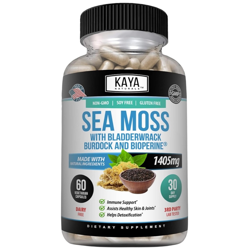 Kaya Naturals Sea Moss - Supplément mobilité pour les hommes et les femmes - avec Burdock Root, Irish Moss, Bladderwrack et BioPerine - pour la santé de la mobilité et l'Immune Boost, 60 Comte