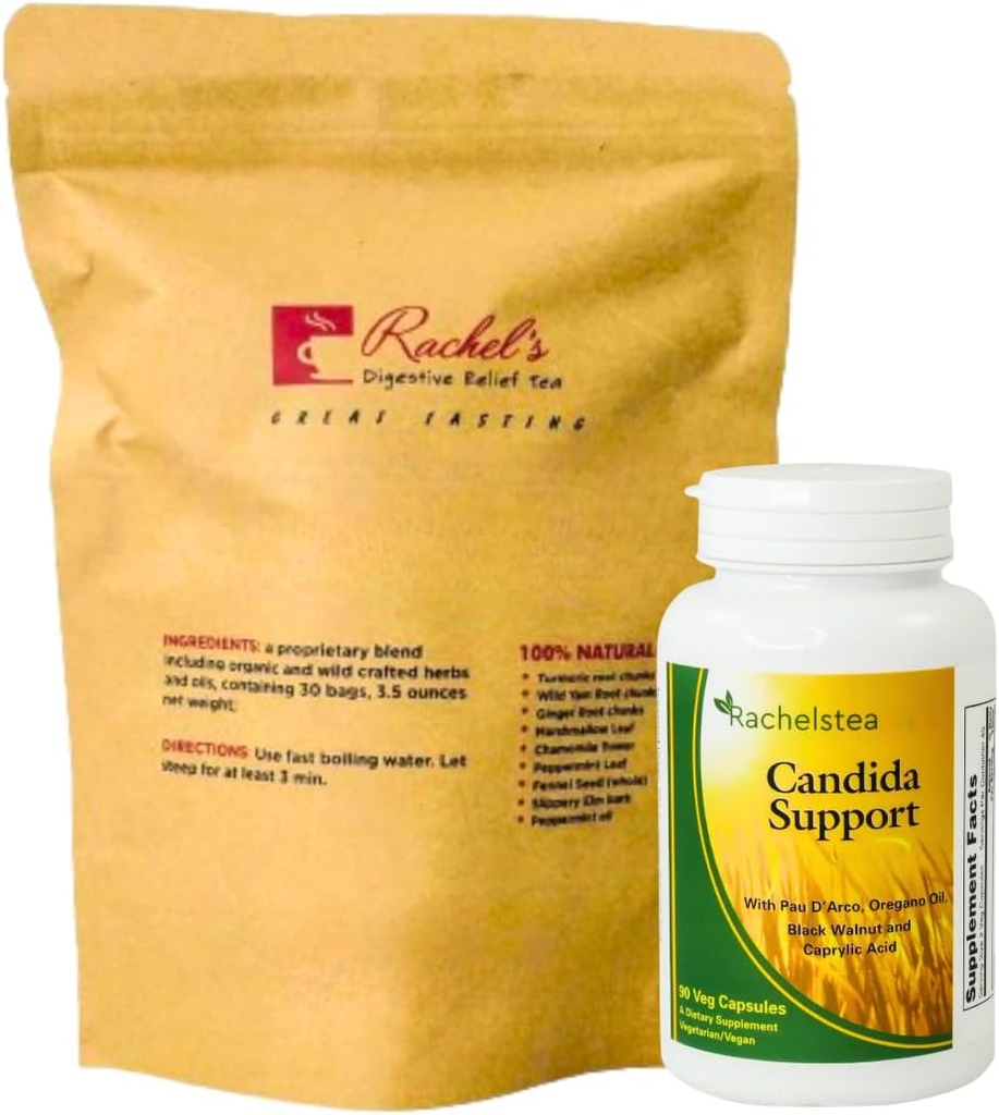 Rachel's Thee en Candida Ondersteuning: 30 dagen levering Kurkuma, Wild Yam, Gember, Pepermunt, Venkel, Slippery Elm + Candida Support Capsules