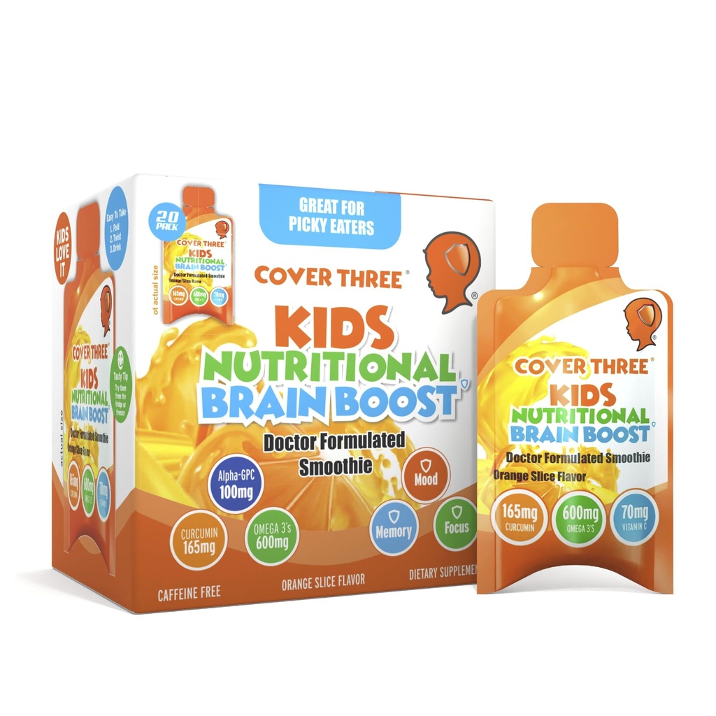 Hoes drie supplementen voor kinderen brein supplement Smoothie, Omega 3 vloeibare kinderen DHA visolie, kinderen Focus en aandacht, emotionele ondersteuning, 20 zakken, Pack 1