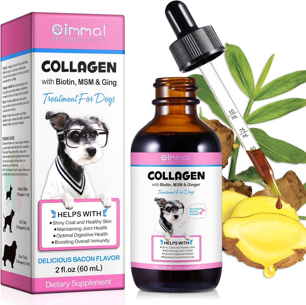 Collageen voor Honden, Liquid Collageen voor Honden, Honden Liquid Collageen Drops, Collageen met Biotine, MSM & Gember Behandeling voor Honden, Huid en Coat Supplement voor Honden, Honden Collageen 60ml