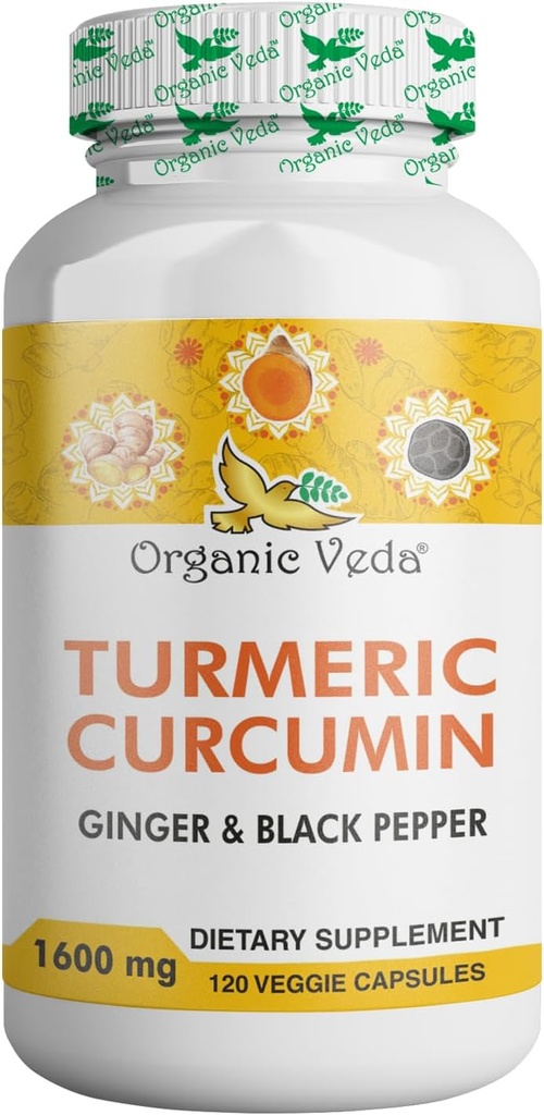 Biologische Veda Kurkuma en Gember Capsules 120 pillen - Biologische Kurkuma Curcumine met zwarte peper voor gezamenlijke ondersteuning - Niet GGO, Glutenvrij, Kurkuma en Gember Supplement (95% curcuminoïden)