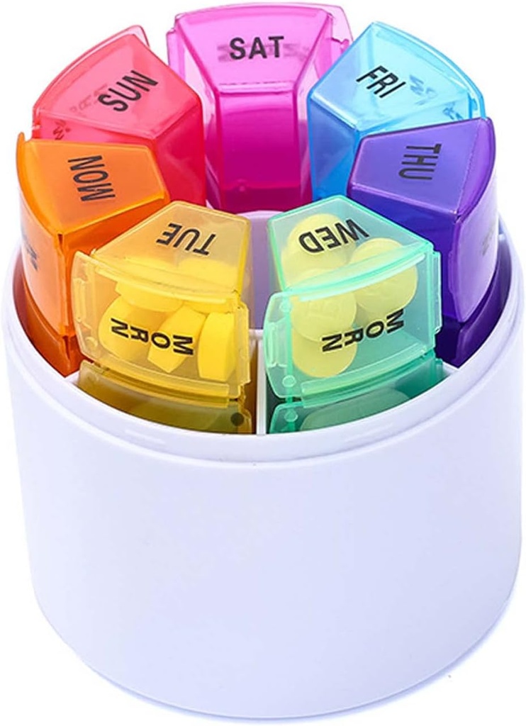 Weekly Pill Manager, 4 Daily Pill Boxes, 7-Day Pill Rack Moisture-Proof, Pill Box Medication Reminder, Portable Vitamin Fish Oil Medication and Supplement Container (Cylindrical Storage)