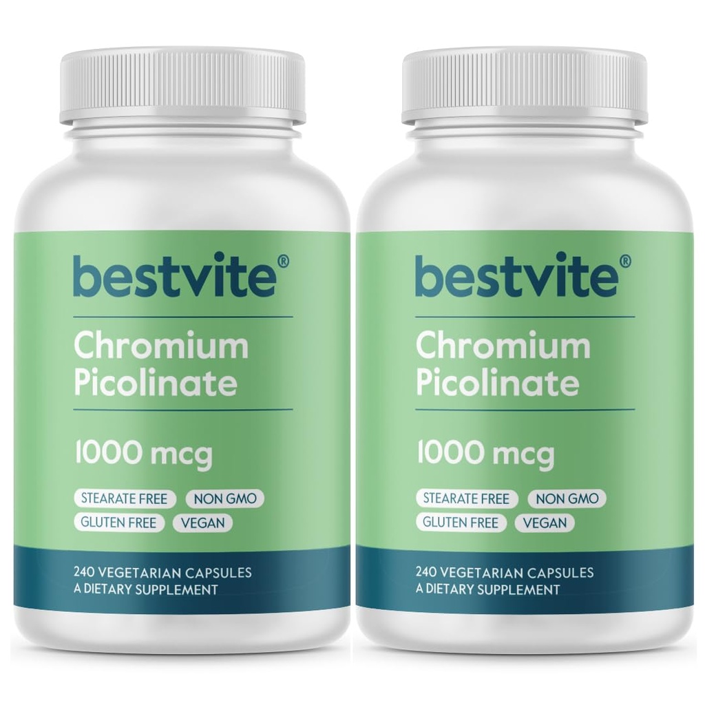 BESTVITE Chroom Picolinaat 1000mcg (480 Vegetarische Capsules) (240 x 2) - Geen Stearates - Geen Dicalcium Fosfaat - Veganistisch - Glutenvrij - Non-GMO