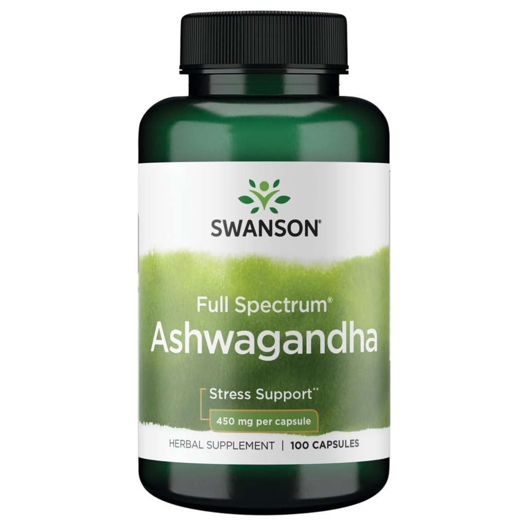 Swanson Ashwagandha Powder Supplement - Ashwagandha Root & Aerial Parts - Promoot Stress Relief & Energy - Ayurvedic Supplement for Natural Wellness (100 Capsules, 450mg Each)