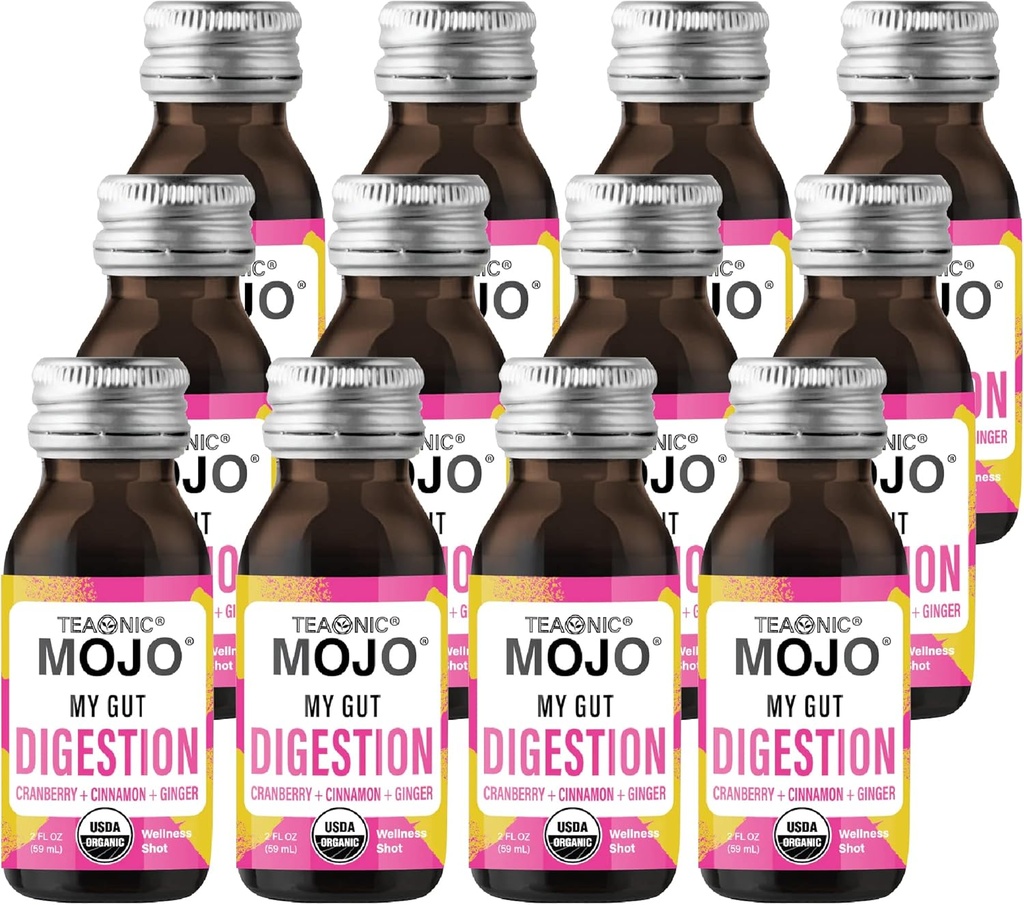 TEAONIC My Gut Mojo: Digest, Detox Boissons pour une meilleure digestion, avec canneberge, gingembre, cannelle, certifié par l'USDA, sans sucre, boissons sans caféine, 12 bouteilles, chaque poids 2 Fl Oz