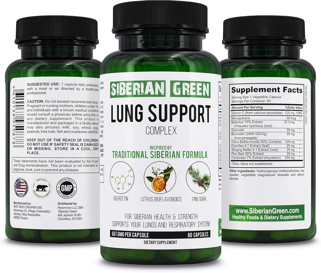 Siberische Green Lung Support Complex 60 Capsules - Traditionele Formula Supplement rijk aan quercetin, Citrus Bioflavonoïden, Pine Bark