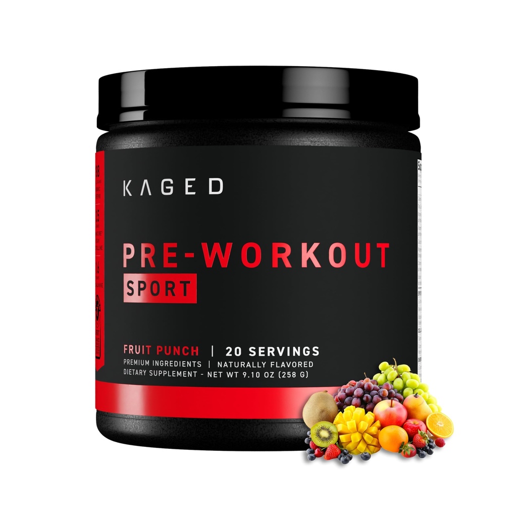 Poudre de préentraînement Kaged Sport pour les hommes et les femmes, punch de fruits, certificat de sport, 188mg caféine, supplément d'oxyde nitrique, Beta Alanine pour l'énergie, l'haltérophilie, Cardio Endurance et la force, 20 portions