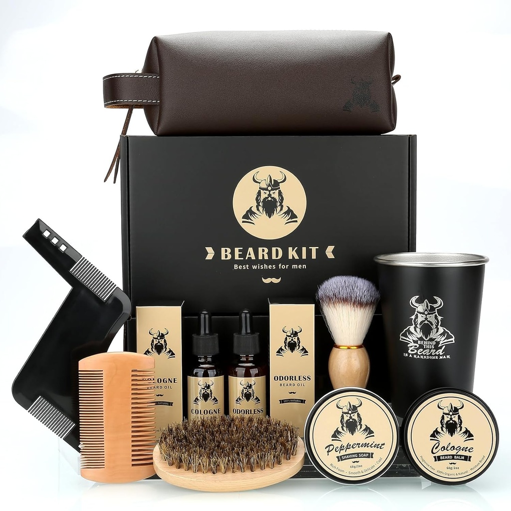 Baard Kit Cadeaus voor mannen, Vaderdag Verjaardag Cadeaus voor mannen Dad Hem, Grooming & Triming Tool Complete Set, Baard Care Kit met 2 Baard Groei Olie/Balm/Brush/Comb/Scheerzeep/Cup&Storage Bag