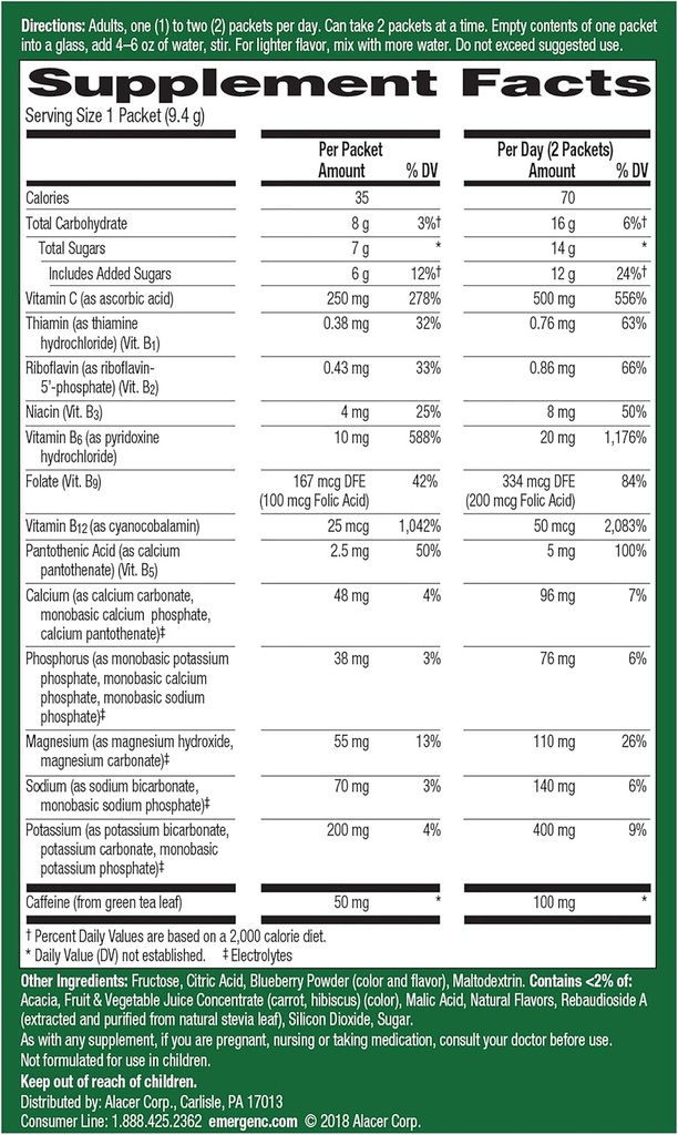 Emergen-C Energy+, met B vitamines, vitamine C en natuurlijke cafeïne van groene thee(Blueberry Acai Flavor) Dieetsupplement Drinkmix, 0,33 Ounce Powder Packets(Pack van 18)