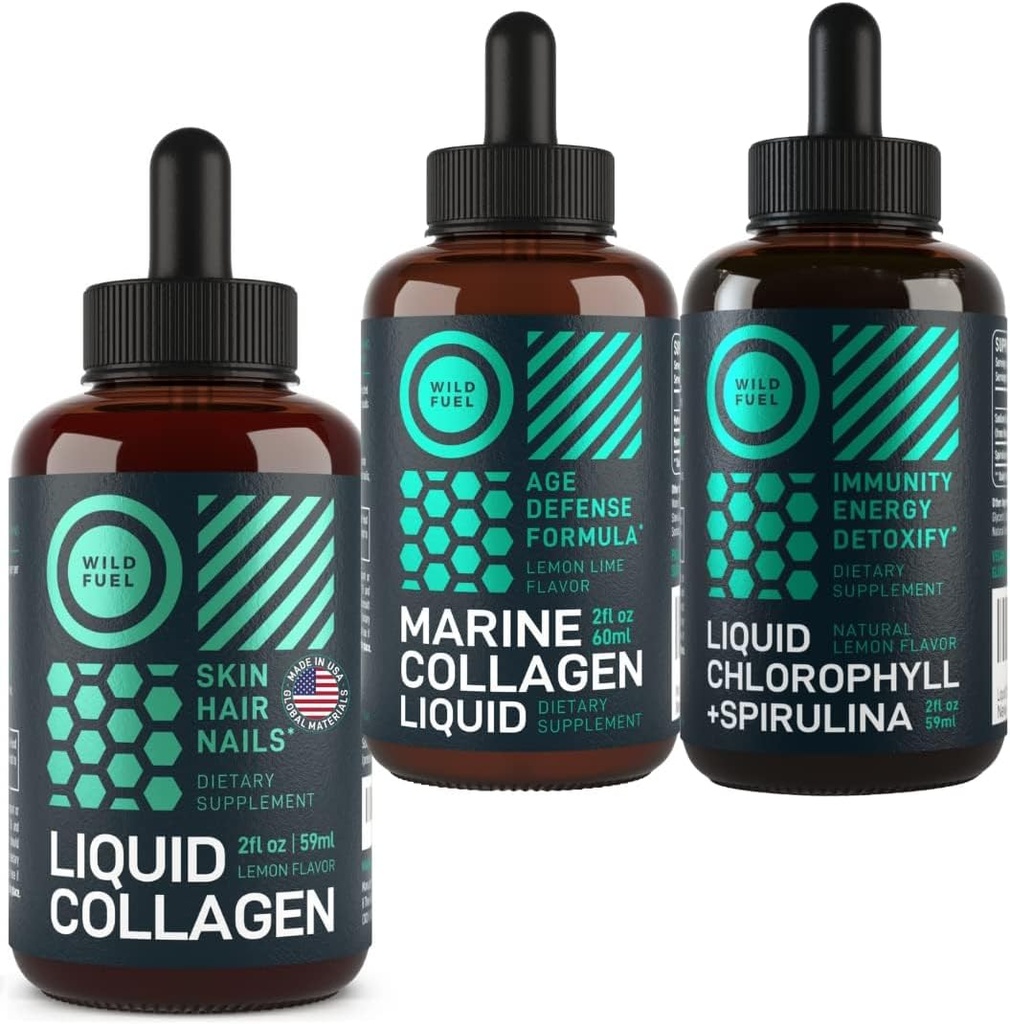 WILD BRANDSTOF Liquid Collageen, Marine Collageen en Liquid Chlorofyl Beauty and Wellness Bundle