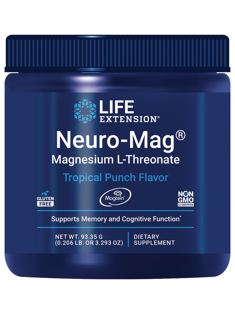 Life Extension Neuro-Mag Magnesium L-Threonate Powder (Tropical Punch) - Ultra-Absorbeerbare Magnesium - Ondersteunt Geheugen, Focus, Cognitieve Functie & Mood - Glutenvrij, Niet-GMO, Vegetarisch (30 Serven)