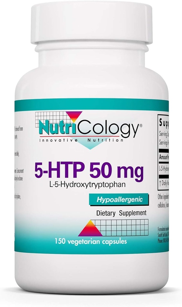 Nutricology 5-HTP 50mg supplement - serotonine voor mannen en vrouwen, slaapondersteuning, L-5-Hydroxytryptofaan, Pure, Vegetarische Capsules - 150 Tel.