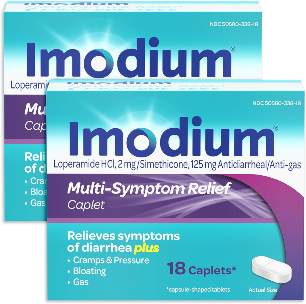 Imodium Multi-Symptoom Relief Caplets met Loperamide Hydrochloroide en Simethicone, Anti-Diarree Geneeskunde voor de behandeling van diarree, gas, opgeblazen, krampen en druk, 2 Pack