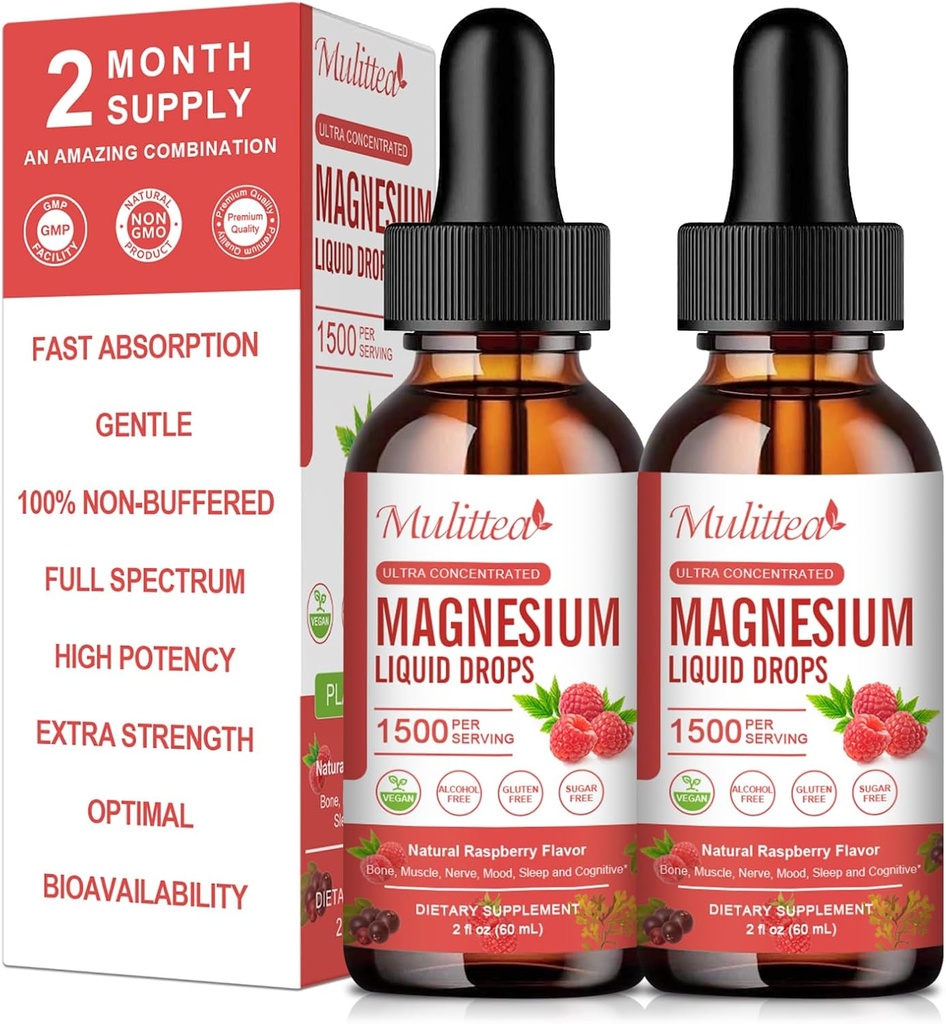 (2 Pack) Glycinat de magnésium gouttes liquides p/ 1500mg Glycinat de magnésium, Taurat, Malate, Citrate, Calcium Plus Potassium pour Nerve, Bone, Heart Health & Energy Zzz -High Absorption-Raspberry Flavor