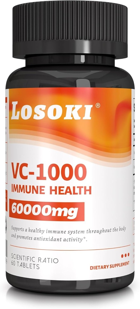 Losoki VC 1000 - High-Dose Vitamine C Supplementen voor Immune Support & Antioxidant Protection - Gebufferde Formule met Rose HIPS Powder - 60 Tablet