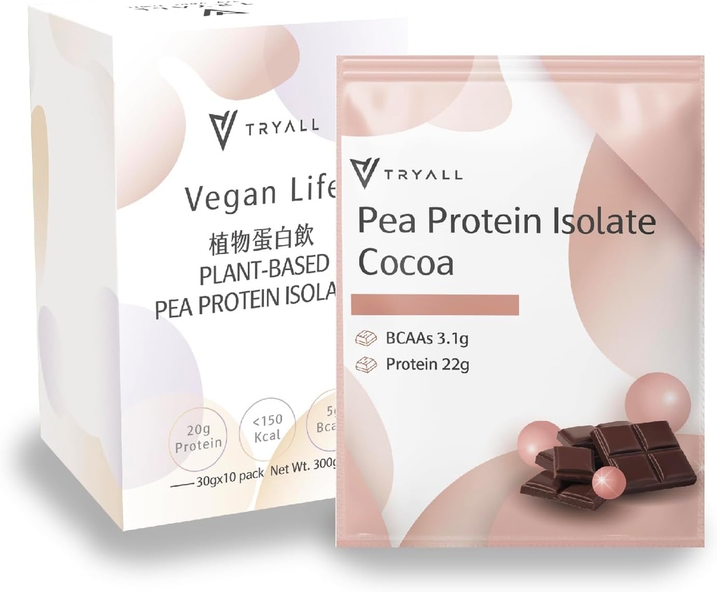 TRYALL Plant Based Pea Protein Powder Isolaat (22 g eiwit) Travel Sachets (Cocoa Milk, 10 verpakkingen)