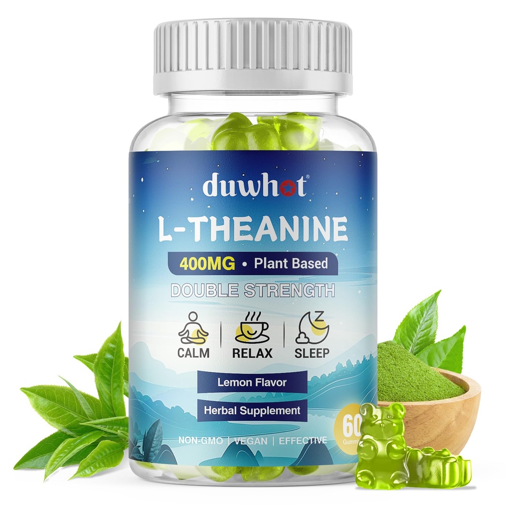 L-Theanine Gummies 400mg, Supplément Théanine à croquer pour les adultes et les enfants 4+, Natural Stress Relief, supplément zzZ & Focus, Vegan, Sucre faible, Non-Drowsy, Lemon Flavor, 60 Chewables