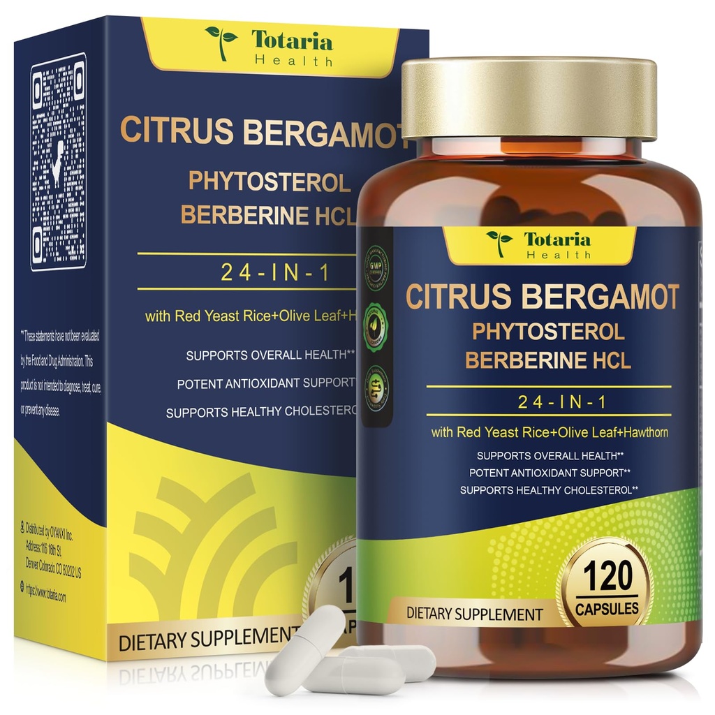 Totaria Citrus Bergamot Supplément pour le cholestérol élevé - Italien Citrus Bergamot Supplément et Stérols de plantes Stanols pour l'homme et la femme Cholestérol santé, végétalien, non-OGM, 120 comtes