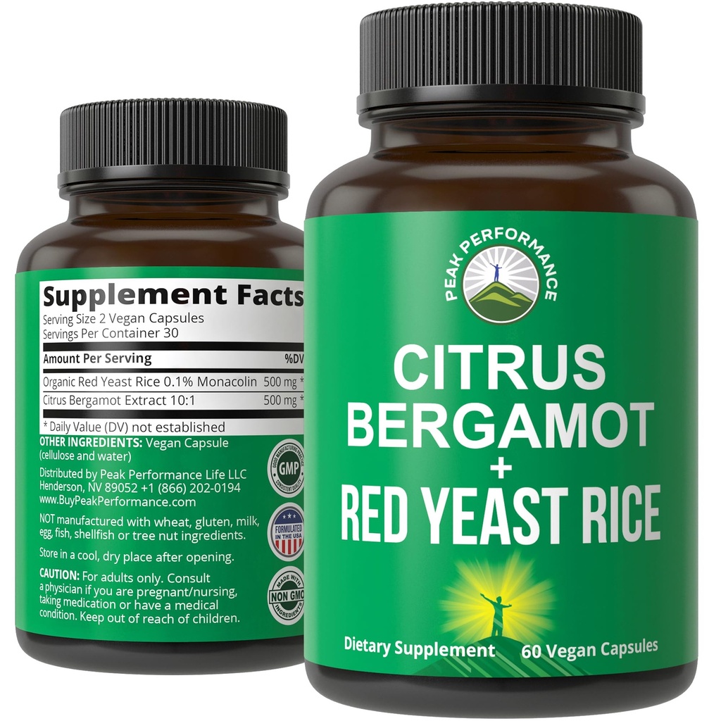 Citrus Bergamot + Red Gist Rice. 2-in-1 supplement. Hoge sterkte 10:1 Bergamot Extract. Geen gluten, Zero Sugar, Vegan Capsules