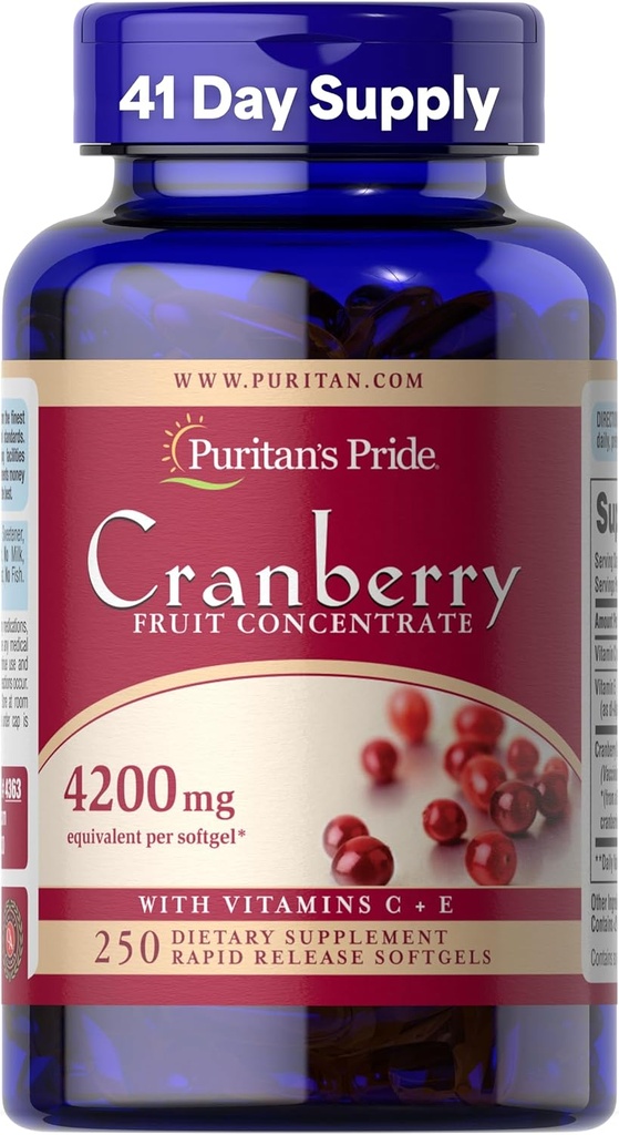 Puritan's Pride Premium Cranberry Fruit Concentrate 84 mg (4200 mg equivalent) with Vitamins C and E, Dietary Supplement for Immune System Support, 4 Month Supply, 250 Rapid Release Softgels