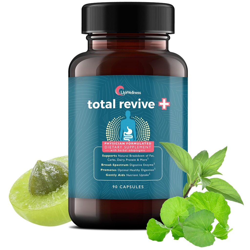 UpWellness Total Revive+ Enzymes digestifs - Enzymes à large spectre pour la santé digestive - Soutient la santé des Guts et l'absorption des nutriments - Physicien formulé - 90 Capsules