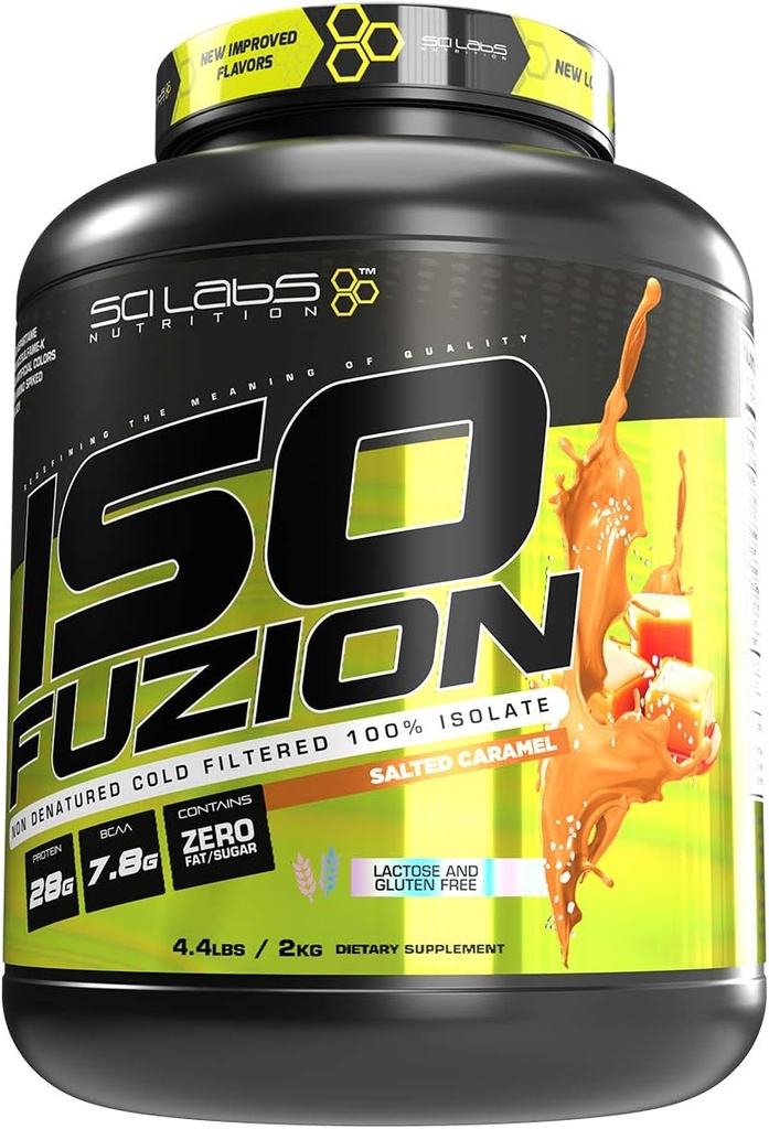 ISO FUZION Isolé 100 % de lactosérum 28g Poudre de protéines non dénaturées, Arôme caramel salé, 4,4lb