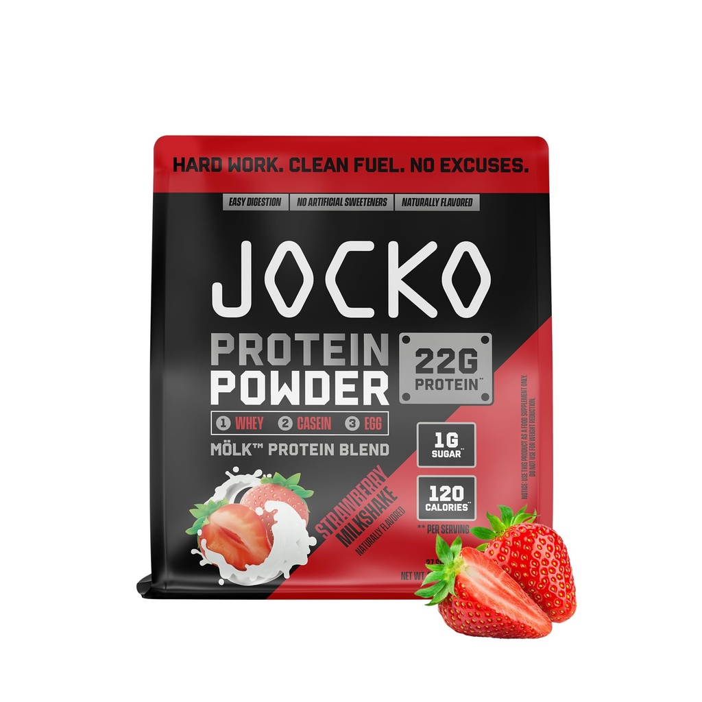 Jocko Fuel Mölk Wei Proteïne Poeder 22g Low Sugar Monk Fruit Blend - Muscle Recovery & Growth, Packaging May Vary (27 Serves, Strawberry Milkshake)