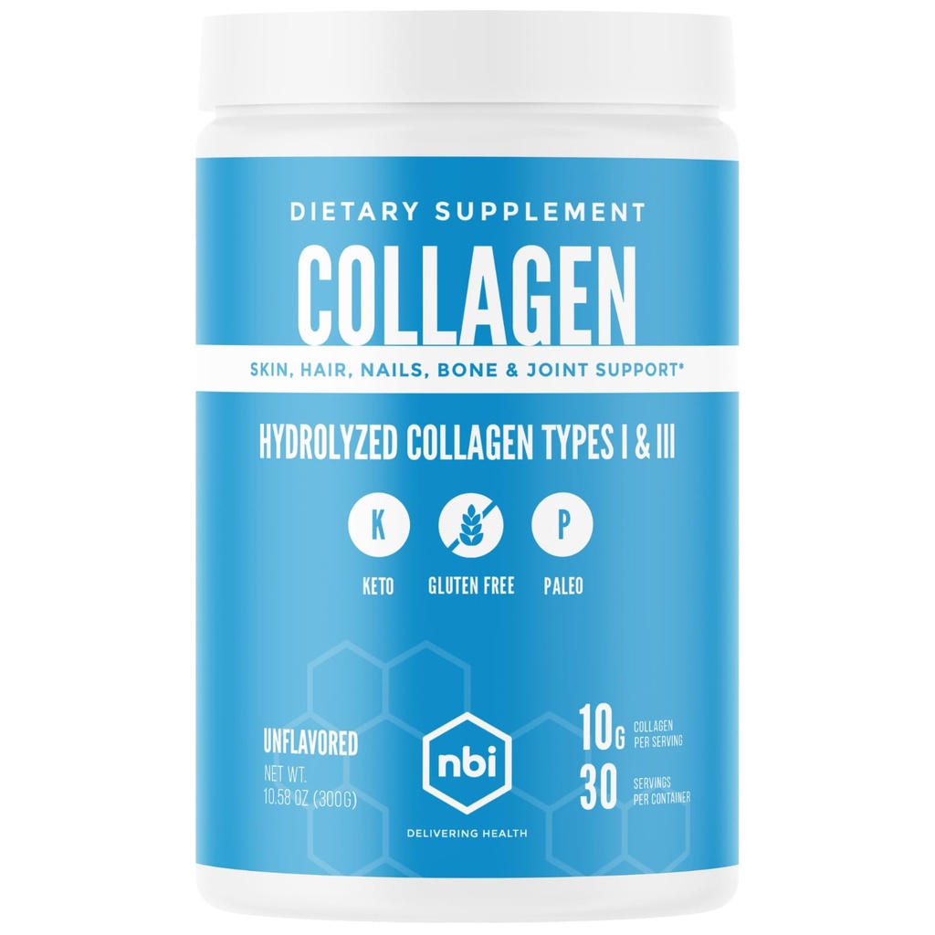 NBI Unflavored, Collageen Peptides Powder, Paleo- en Keto Friendly, Type I en III Gehydrolyseerde Collageen, Aminozuren Supplement, Zuivelvrij, Sojavrij, Glutenvrij