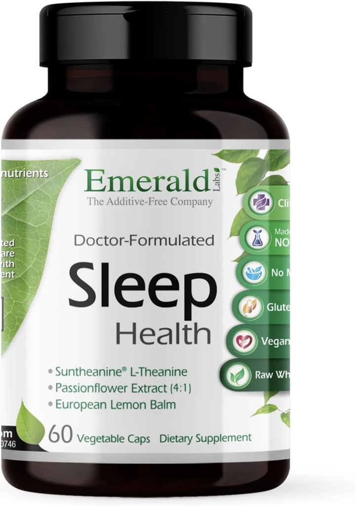 Emerald Labs Sleep Health - Supplément de soutien du sommeil avec Suntheanine L-Theanine, Melatonine, Lemon Baume & Passionflower d'Europe - Sans gluten, Vegan - 60 capsules végétales (jusqu'à 30 jours d'approvisionnement)