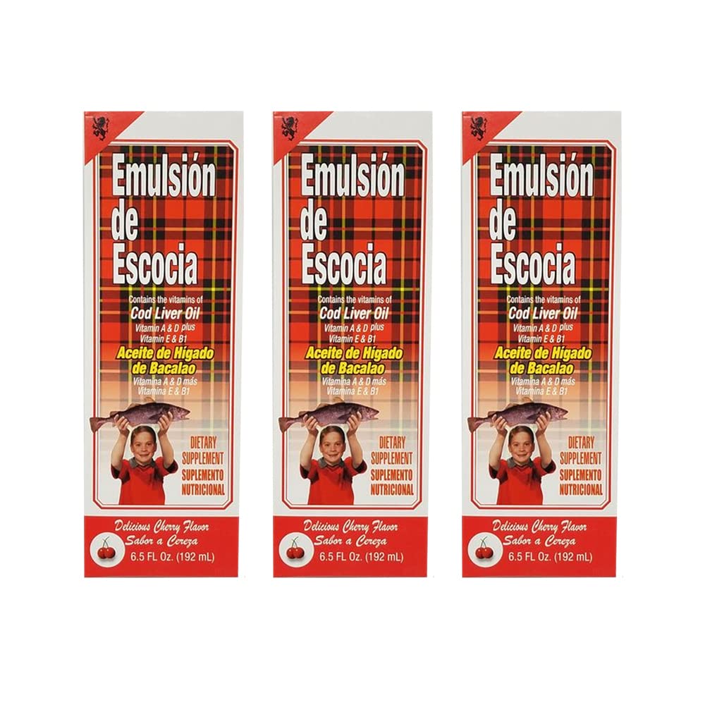Emulsion de Escocia Cod Leverolie Dieetsupplement. Rijk aan vitamine A, D, E en B1. Cherry Flavoured. 6.5 Fl Oz / 192 ml. Verpakking van 3