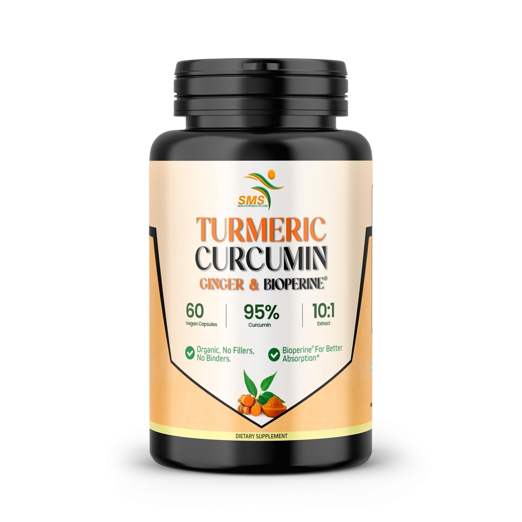 Kurkuma Curcumin met gember, BioPerine Black Pepper, 95% Curcuminoïden, Natural Joint & Healthly Inflammatory Support, Antioxidant Tumeric Supplement, 60 Veggie Capsules, Made in USA, per SMS